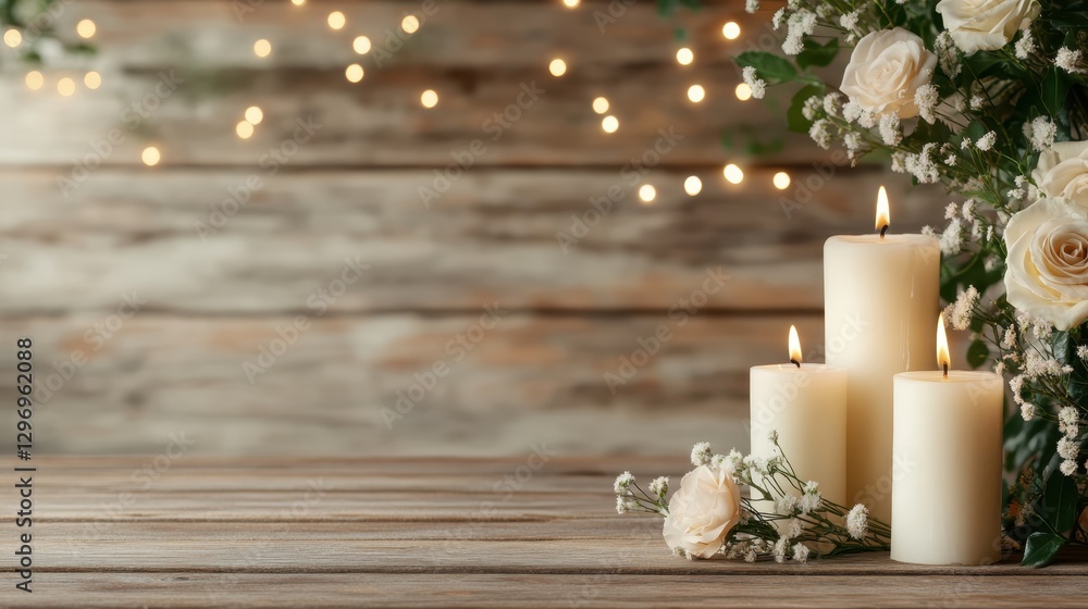 Poster lit candles placed elegantly with flowers in soft backgrounds create a tranquil setting, symbolizing