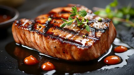 Artistic Close-Up of Grilled Tuna Steak Showcasing Culinary Presentation and Texture Mastery