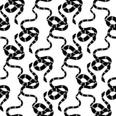 Intricate black and white seamless pattern featuring stylized snakes in playful arrangements