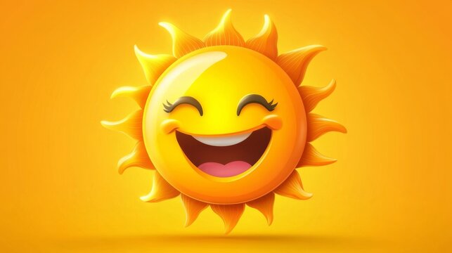 Smiling sun with radiant happy face on bright yellow background