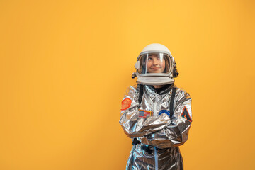 Strong female astronaut flexing muscles, confident, powerful.