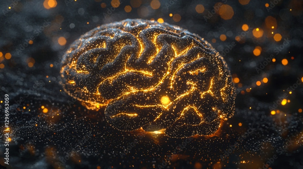Poster abstract glowing brain representation with golden light particles on a dark background for creative 