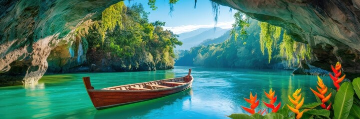 Obraz premium A natural landscape with a calm turquoise river flowing through a lush green canyon. In the foreground is a wooden boat. Mist-shrouded mountains are depicted in the background.