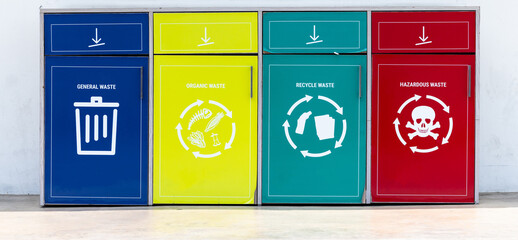 Waste bins different color bins for collection of recycle materials, Waste containers for garbage...