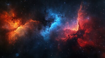 Cosmic Nebula Red and blue gas clouds collide in space, background stars