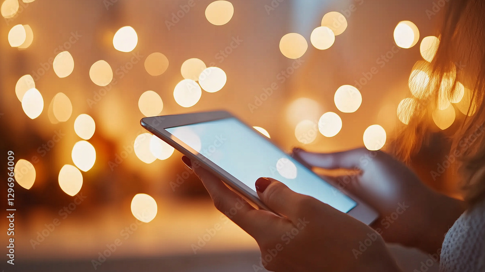 Aufkleber person using tablet device with blurred background of warm lights, creating cozy atmosphere. scene e