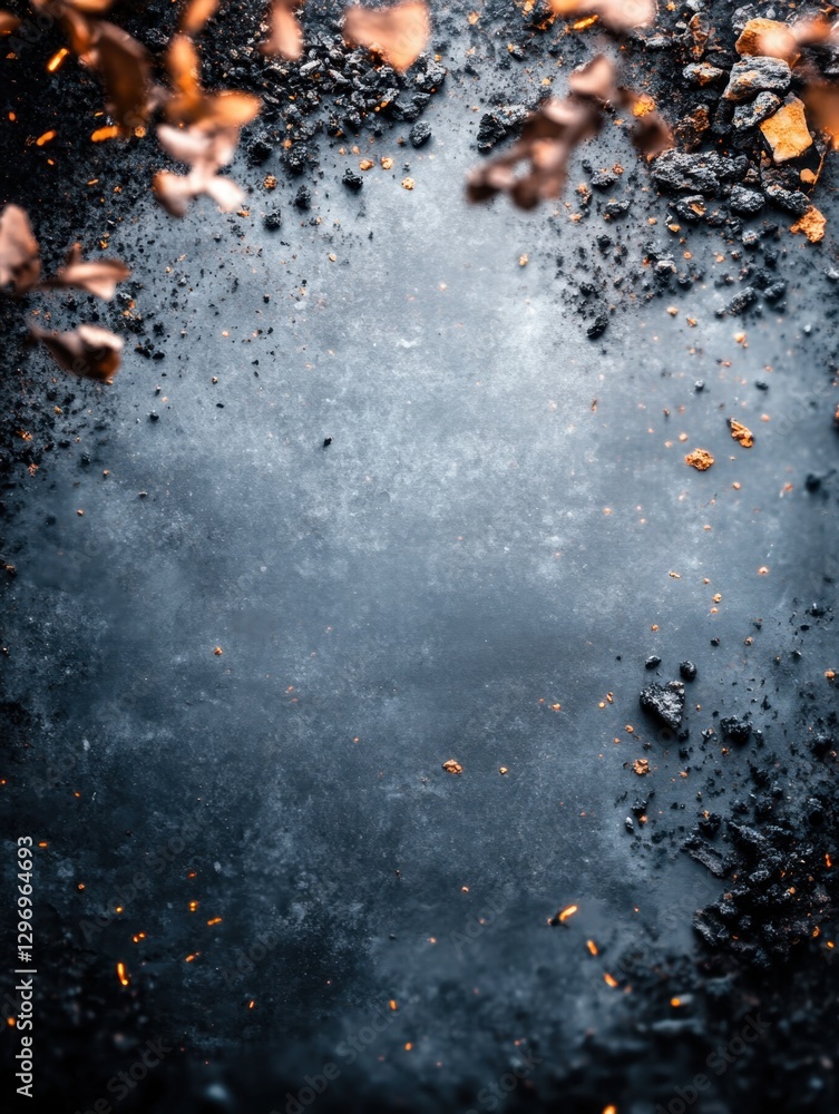 Poster dark textured background with bits of rock and metallic flecks, creating an abstract landscape