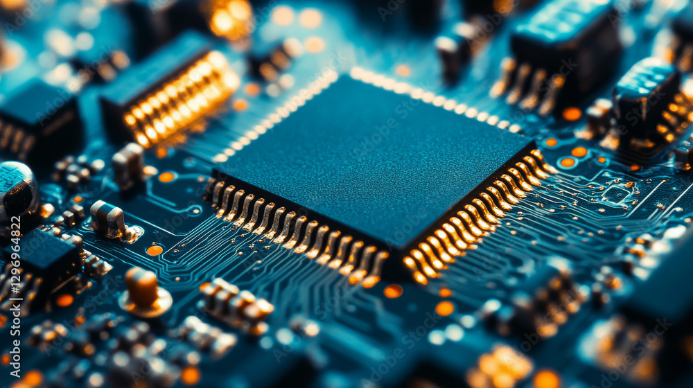 Poster a macro photograph showcasing the intricate details of a computer chip