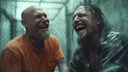 Two inmates laugh together in a prison, where strength, resilience, and the bonds formed amidst challenging situations shine through their expressions.