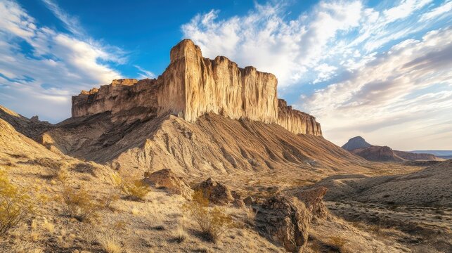 A large mesa dominates a desert landscape under a bright blue sky