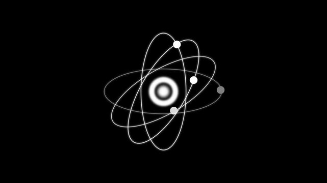 Education of multiple atomic structures on a black background, glowing white orbits, electrons represent a stylized model of atoms, symbolizing nuclear energy, quantum mechanics, scientific
