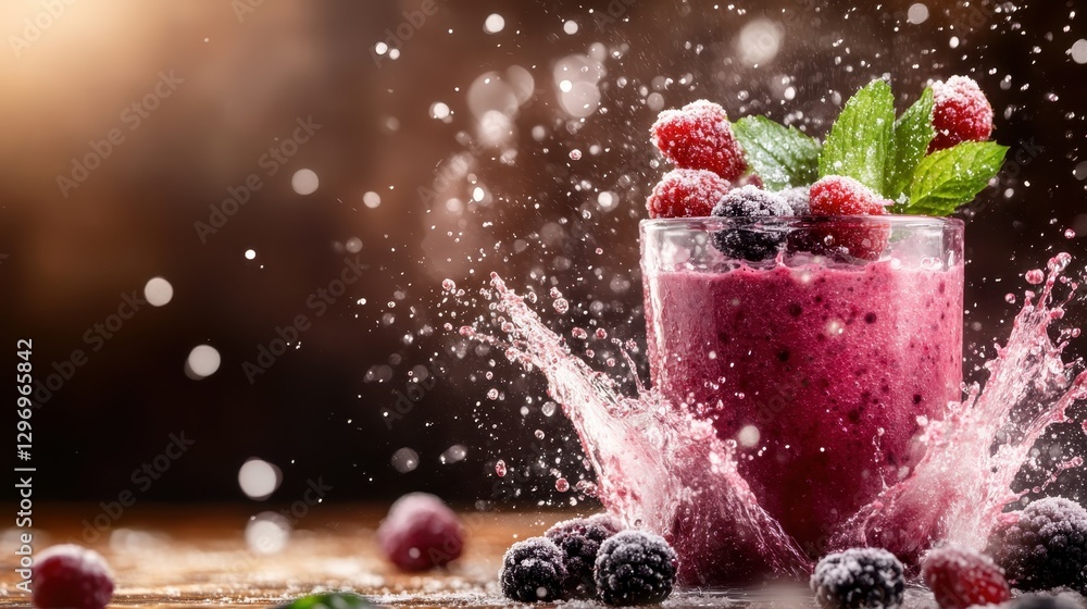 Poster a vibrant smoothie made with mixed berries is splashed as it is served, creating a stunning visual p