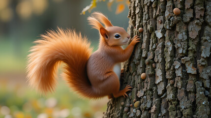 Fototapeta premium A cute red squirrel with a fluffy tail scurries up a tree in the park, searching for autumn nuts