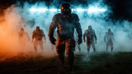 A group of football players advancing through the smoky atmosphere under bright stadium lights, exuding strength, determination, and the true essence of competitive sports.