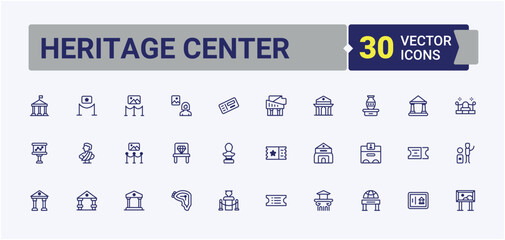 Heritage Center icon set. Contain linear outline icons historical, guide, expo, culture, al, sculpture, museum and more. Pixel perfect. Editable solid and line vector art.