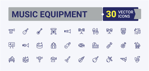 Music Equipment icon collection. Pack of sound, violin, piano, instrument, electric, sax and more. Icons for website. Vector line and solid icons.