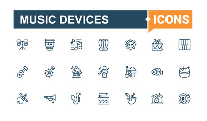Music Devices line icons. Contains such icons as tambourine, cajon, harp, art, music, sound, audio and more. Outline icon. Solid line editable vector illustration.