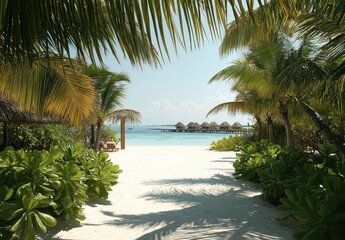 Fototapeta premium Tranquil Tropical Pathway Leading to a Serene Beach with Lush Palm Trees and Overwater Bungalows Under a Clear Blue Sky