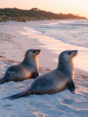Naklejka premium Sea Lions on Beach at Sunset