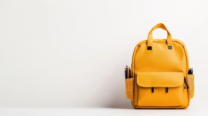 A vibrant yellow backpack sitting on a minimalist background, symbolizing functionality and style, perfect for casual outings, school, or travel adventures.