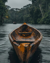 An ancient Indian canoe made of birch bark glides _002
