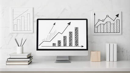 Minimalist workspace with abstract diagrams showing strategic growth, sleek black-and-white tones, [business mindset], [strategy-focused concept].