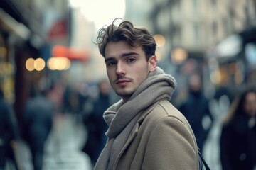 Fototapeta premium Man on city street with scarf