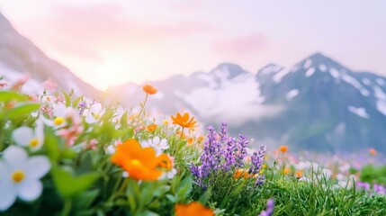 Obraz premium Scenic Mountain Meadow: A vibrant meadow of wildflowers cascades towards the viewer, with a stunning backdrop of snow-capped mountains partially veiled in morning mist.