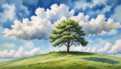 Obraz premium Peaceful Nature Scene with a Single Tree and Fluffy Clouds