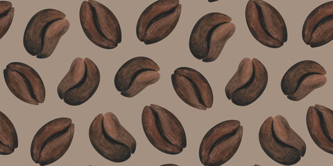 Watercolor coffee beans seamless pattern For menu, cafe design, coffee wrapping paper, logo Hand drawn brown aromatic beans print Brown minimalistic background