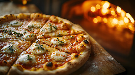 Freshly baked pizza with melted cheese and herbs, served in rustic setting near wood fired oven, creating warm and inviting atmosphere
