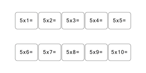 Multiplication and division table of 5. Maths card with an example, drawing. Multiplication Square, vector illustration. Printed products, banner, table for children, schoolchildren. School education.