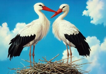 Fototapeta premium Two graceful storks standing closely together in their nest under a clear blue sky with fluffy clouds in a sunny atmosphere, symbolizing love and family.