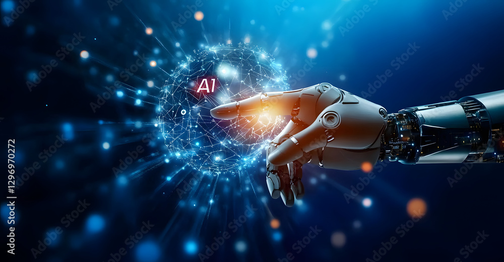 Poster .ai, machine learning, hand of robot and human touching on big data network connection, artificial i
