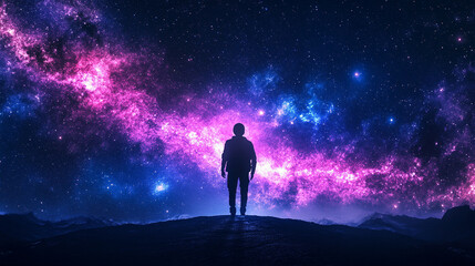 Fototapeta premium Back of silhouette of ethereal human soul floating in deep space against vibrant nebula, symbolizing spiritual awakening, cosmic journey, self-discovery, and higher consciousness.