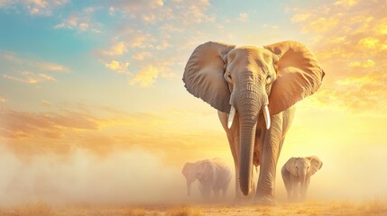 Obraz premium Majestic Elephants at Sunset: A family of elephants gracefully walks towards the camera, silhouetted against a vibrant sunset sky, creating a breathtaking spectacle of nature's grandeur.