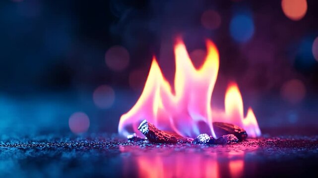 Neon flames on dark surface