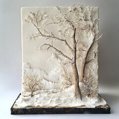 beautiful winter landscape sculpture featuring bare trees and snow covered ground, showcasing intricate details and textures that evoke serene, chilly atmosphere