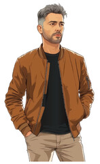 Obraz premium a man in a brown jacket is standing with his hands on his hipss