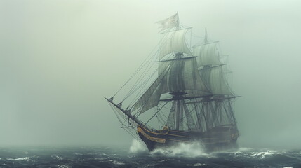 Fototapeta premium An elegant brigantine with two masts and wide sail_004