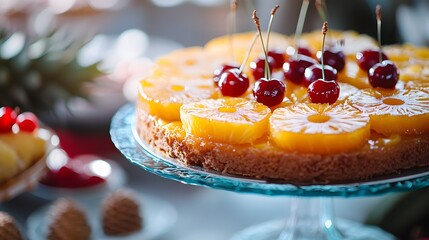 Mouthwatering and Festively Decorated Pineapple Upside-Down Cake Ready to Delight Guests at Any Celebration