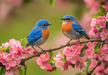 Obraz premium Two vibrant bluebirds perched on a blooming branch surrounded by delicate pink flowers in a serene garden setting during springtime