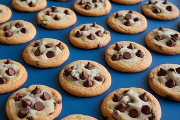 Freshly baked chocolate chip cookies arranged neatly on a blue background.
