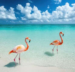 Obraz premium Two Vibrant Flamingos Standing Gracefully in Shallow Turquoise Water under a Bright Blue Sky with Fluffy White Clouds