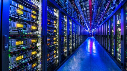 Futuristic server room filled with high-tech racks and illuminated equipment showcasing advanced data center architecture