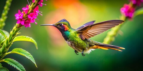 Fototapeta premium Wirecrested Thorntail Hummingbird Hovering Near Amazon Rainforest Flowers