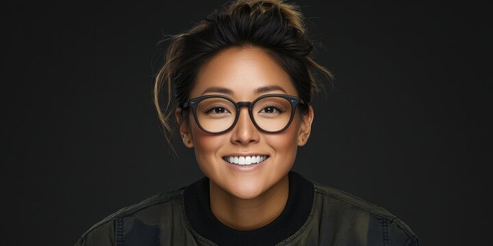 A woman with stylish glasses and a modern hairstyle smiles confidently in a professional studio environment. Her expression conveys warmth and approachability