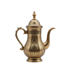 PNG Vintage Brass Teapot with Intricate Designs on White Background