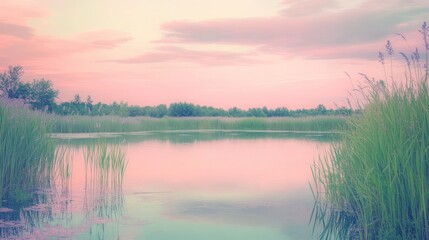Obraz premium The serene reflection of the soft sunset over still water