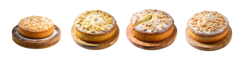 Fototapeta premium Golden Almond Cake (Namandier) with Slivered Almond Topping on Rustic Wooden Platter Isolated on Transparent Background.